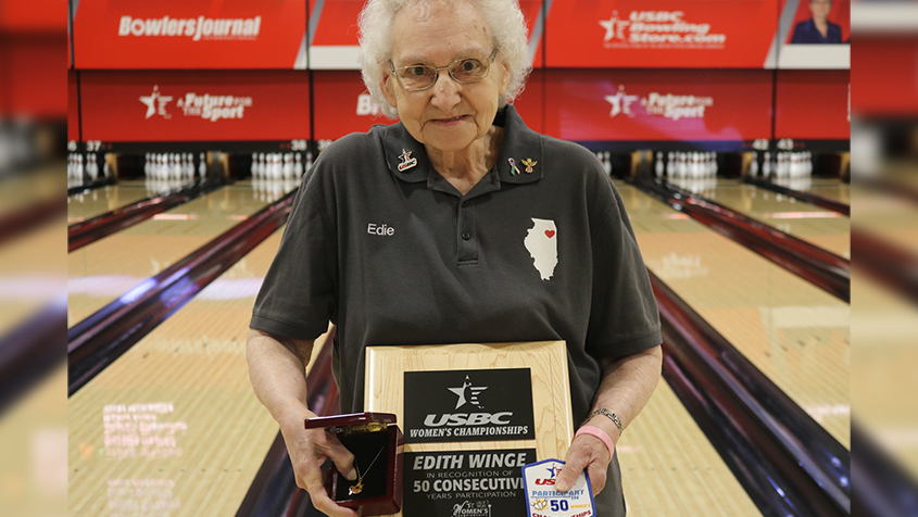 Edith Winge celebrates her 50th consecutive appearance at the USBC Women's Championships